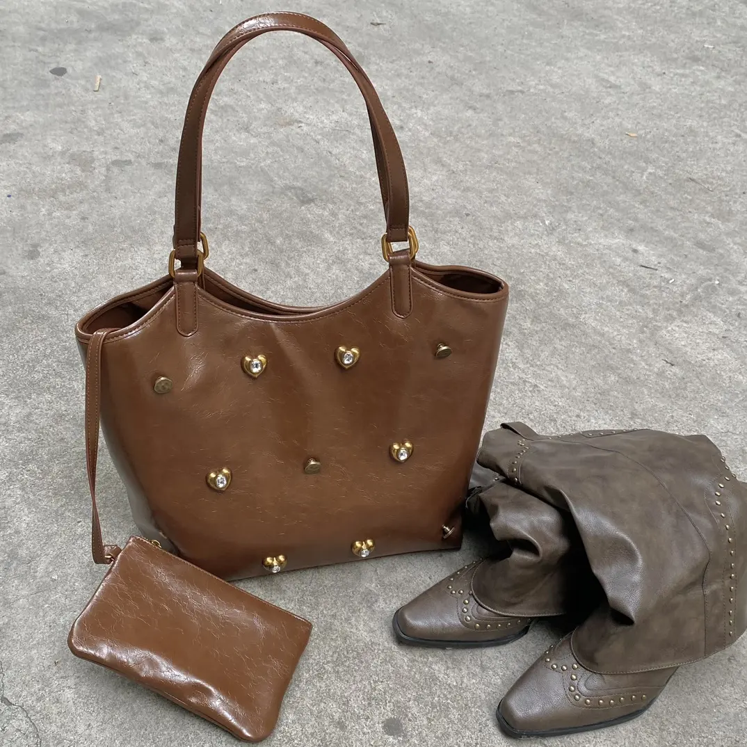 Grosir berlian hati logam tas Tote wanita kulit coklat tas tangan untuk wanita tas Tote bahu antik kasual