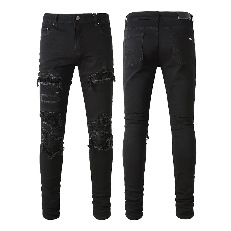 Kara delik yama kot Streetwear erkekler konik galeri derinlik kot pantolon çizik kot