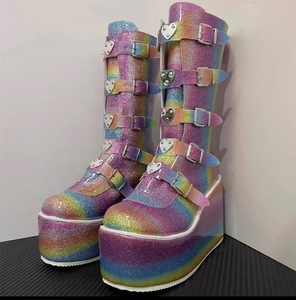 Nuovo arrivo scarpe glitterate con cerniera autunno inverno con cerniera spessa con zeppa goth rosa <span class=keywords><strong>blu</strong></span> <span class=keywords><strong>stivali</strong></span> alti al ginocchio da <span class=keywords><strong>donna</strong></span> - Product Image 2