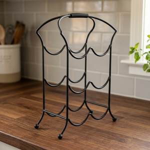 Exceptional Wavecrest Metal Wine Rack Four Bottle Holder <b>Freestanding</b> <b>Bar</b> Storage Stand Black Finish Countertop Display - Product Image 2