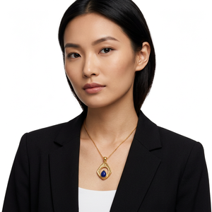 Collier en argent sterling 925 avec saphir bleu – Pendentif cabochon en forme de goutte d'eau en vermeil doré - Product Image 3