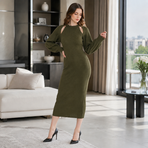 Sophisticated Custom Print Knit Two-Piece Outfit Crew Neck Midi Knit Dress Matching Shawl <b>Cardigan</b> for Ladies 2026 Fall - Product Image 2