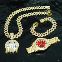 Ensemble de bijoux de haute qualité, collier, bracelet et montre à maillons de 15 mm, plaqué or, alliage de zinc, zircon, style hip-hop, tendance
