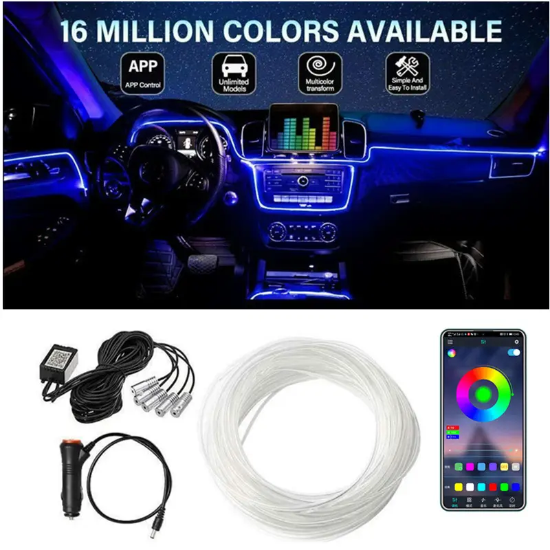 Luz Led flexible de fibra óptica para ambiente interior, decoración de Ambiente, aplicación de luz de ambiente, 12V RGB, tiras Led para coche, aplicación de Control de luz en el coche