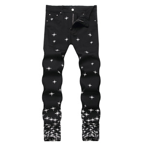 Vente en gros Streetwear Marque <span class=keywords><strong>de</strong></span> créateur Étoile Patches Jeans Hommes Hip Hop Denim Vintage Pantalon Slim Fit Style Punk Déchiré Jeans pour hommes - Product Image 3