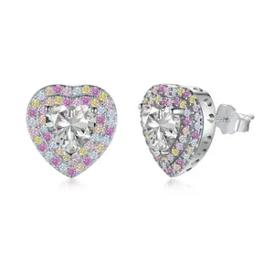 Dylam New Arrival Hypoallergenic S925 Sterling Silver Earring Heart Colorful Stone Cz Cubic Zirconia Stud Earrings For Women