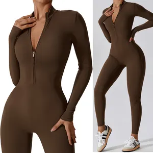Wholesale Women&#39;s Apparel Training Suits Long Sleeves Long Plus Size Jumpsuits Playsuits with Half Zip Gym Sports Shorts