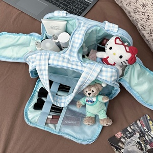 Trousse de toilette de voyage portable pour femme, en polyester, à motif écossais bleu, avec double ouverture large, grande capacité et légère - Product Image 2
