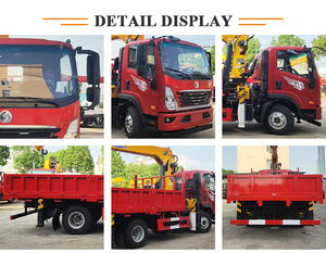 Grue montée sur camion Dongfeng rouge avec flèche jaune et plateau de chargement - Product Image 3