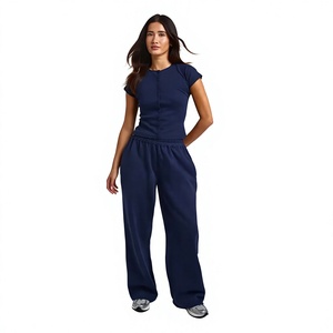<b>Women's</b> <b>Navy</b> Blue Knitted Two-Piece Set Short Sleeve O-Neck Top With Button Front Loose Fit Full Length Pants Casual Daily Wear - Product Image 1