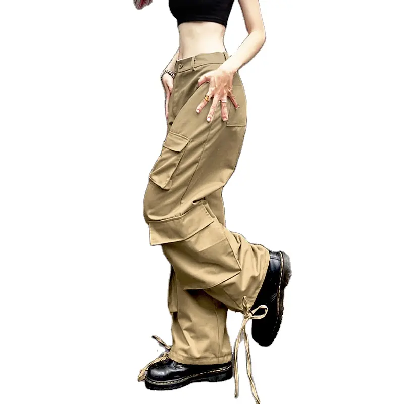 ファッションマルチポケットオーバーオールカーゴジョガー新しいレトロなストリートパンツネクタイルーズストレートカジュアルカーゴパンツ女性用