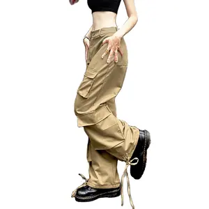 fashion multi-pocket overalls cargo joggers new retro street trousers tie loose straight casual cargo pants for women