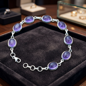 925 Sterling Silver Classic Oval <b>Amethyst</b> Gemstone Chain Link <b>Bracelet</b> for Women's Weddings - Product Image 3