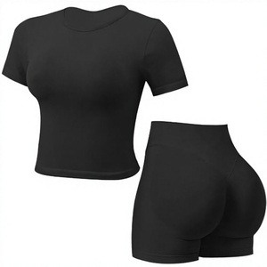 JY Wholesale Ensemble de sport uni à manches courtes et taille haute, comprenant un haut de yoga court et un short de sport respirant, doux pour la peau, à séchage rapide et élastique - Product Image 3