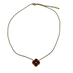 Waterproof Antirust Stainless Steel Gold Plated Red Stone Artificial Diamond Lucky 4 Leaf Clover Necklace For Women