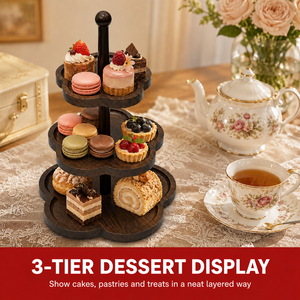 Support à gâteau en MDF à 3 niveaux en forme de fleur - Présentoir à cupcakes et desserts en grain de bois foncé pour mariage, fête, thé de l'après-midi - Product Image 1