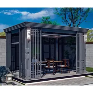 Toit en aluminium composite pavillon permanent Gazebo extérieur toit rigide auvent avec rideau et filet pour arrière-cour patio pelouse jardin