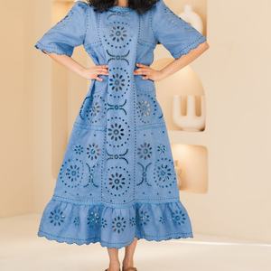 Robe en coton et lin personnalisable à la mode, col rond, décontractée, manches courtes, mi-longue, robe d'été pour femmes - Product Image 3