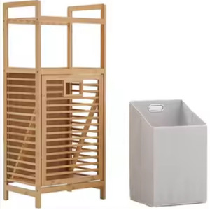 Cesto de ropa de bambú con gabinete de 33x15x85cm, doble capa con estante y asas para colgar ropa, organizador de ropa para lavandería. - Product Image 3