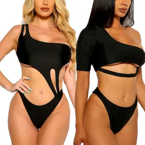Factory designer one shoulder tankini designer fashion brazilian bikini set custom swimwear women two piece black swimsuit