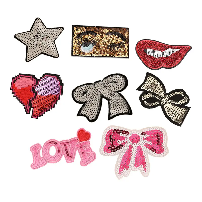 Bow star customized embroidery iron on applique sequin patches for clothes