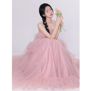 Strapless Pink Tulle Ball Gown Empire Waistline Wedding Dress For Photography Studios Outdoor Portrait Travel Light Gown - Product Image 2