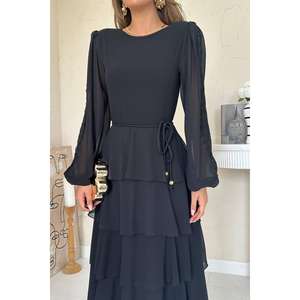 ชุดราตรีผ้าชีฟองสีดำหรูหรา ทรงเอไลน์ ชั้นซ้อนโปร่ง เอวธรรมชาติ แขนยาว - Product Image 2