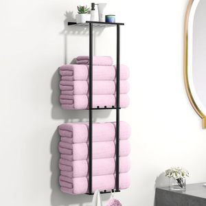 Towel Storage with 3 Tier Metal <strong>Shelf</strong> and 6 Hooks, Wall Mounted Bath Rolled Towel Holder Organizer for <strong>Small</strong> Bathroom