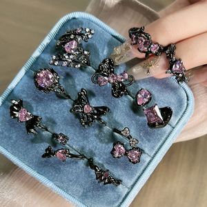 Pink Zircon Black Copper Gold Plated Band <b>Adjustable</b> <b>Ring</b> for Women Bohemia Thorn Crow Heart Butterfly Punk Jewelry - Product Image 1