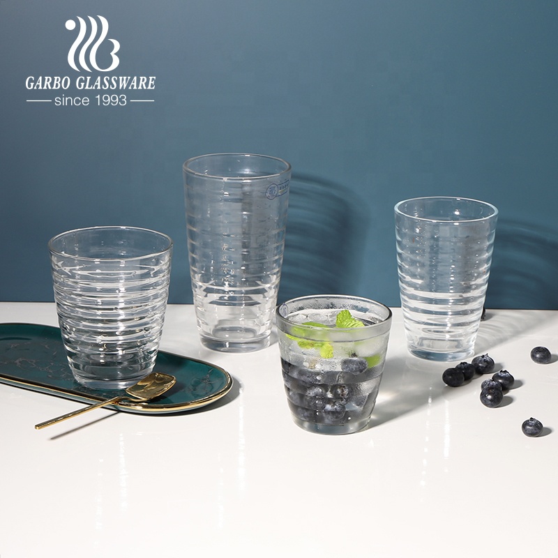 Classic round shape 8oz-16oz transparent glass tumbler embossed circle thickened wall glass cup for hot and cold tea serving
