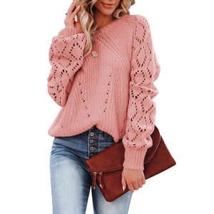 Suéter de Punto de Manga Larga con Cuello Redondo para Mujer, Tallas Grandes, Diseño de Encaje Calado, Color Sólido, Estilo Casual para Otoño e Invierno, Dropshipping Shopify - Product Image 3