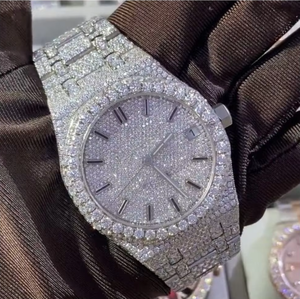 Montre de luxe pour homme, analogique, 25 mm, avec diamants Moissanite VVS, double rangée de pierres serties, bracelet en acier inoxydable, mouvement mécanique ETA, chronographe - Product Image 4