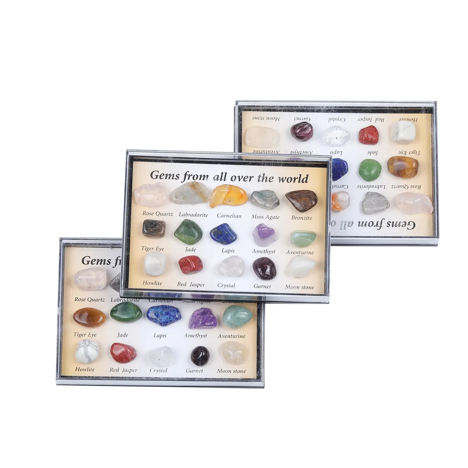 Set di scatole di campioni minerali di pietre preziose naturali sfuse all'ingrosso Kit di apprendimento educativo di cristalli curativi