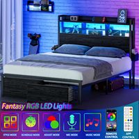 Lit Métal LED Moderne Grande Taille King & Queen avec Plateforme en Bois, Rangement & Tiroirs pour Chambres, Hôtels, Appartements & Villas