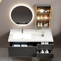 Meuble de salle de bain moderne et minimaliste en bois massif avec miroir intelligent, vasque intégrée sans joint et lavabo en pierre modulaire