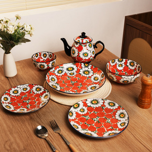 Foreign Trade Cross-border Creative Polish Color Plant Bone China Handmade Vintage Camping Tableware Rice Bowl Salad Bowl <b>Plate</b> - Product Image 1