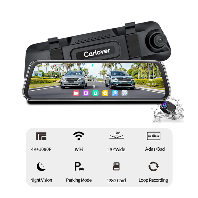 Carlover AI 4K ADAS WIFI GPS Smart Rear View Mirror Dash Cam with Dual Lens Front/Rear Cameras BSD & Video Recorder