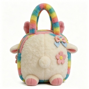 Sac fourre-tout en peluche mignon pour sorties entre amis, sac à main en peluche sur le thème des animaux pour adolescents, sac fourre-tout en peluche arc-en-ciel vif avec visage de mouton - Product Image 4