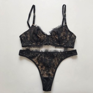 Conjunto de Lencería de Encaje Floral Negro para Mujer, Conjunto de Sujetador Inalámbrico y Tanga Sexy, Ropa Interior Cómoda, Lencería Transparente para Mujer - Product Image 5