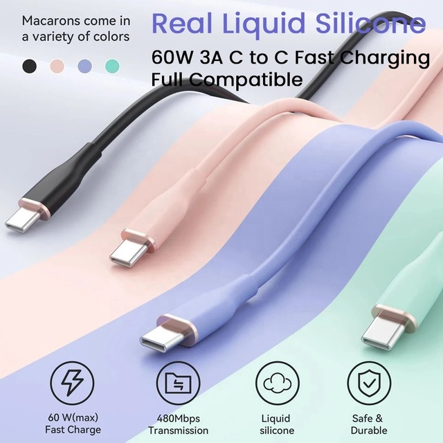 Type C to Type C Fast Charging Data Cable Liquid Soft Silicone 60W 6A Cord