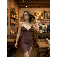 Robe mini en tricot à rayures marron, bretelles spaghetti, col en V, imprimé numérique, taille naturelle, printemps-été pour femmes