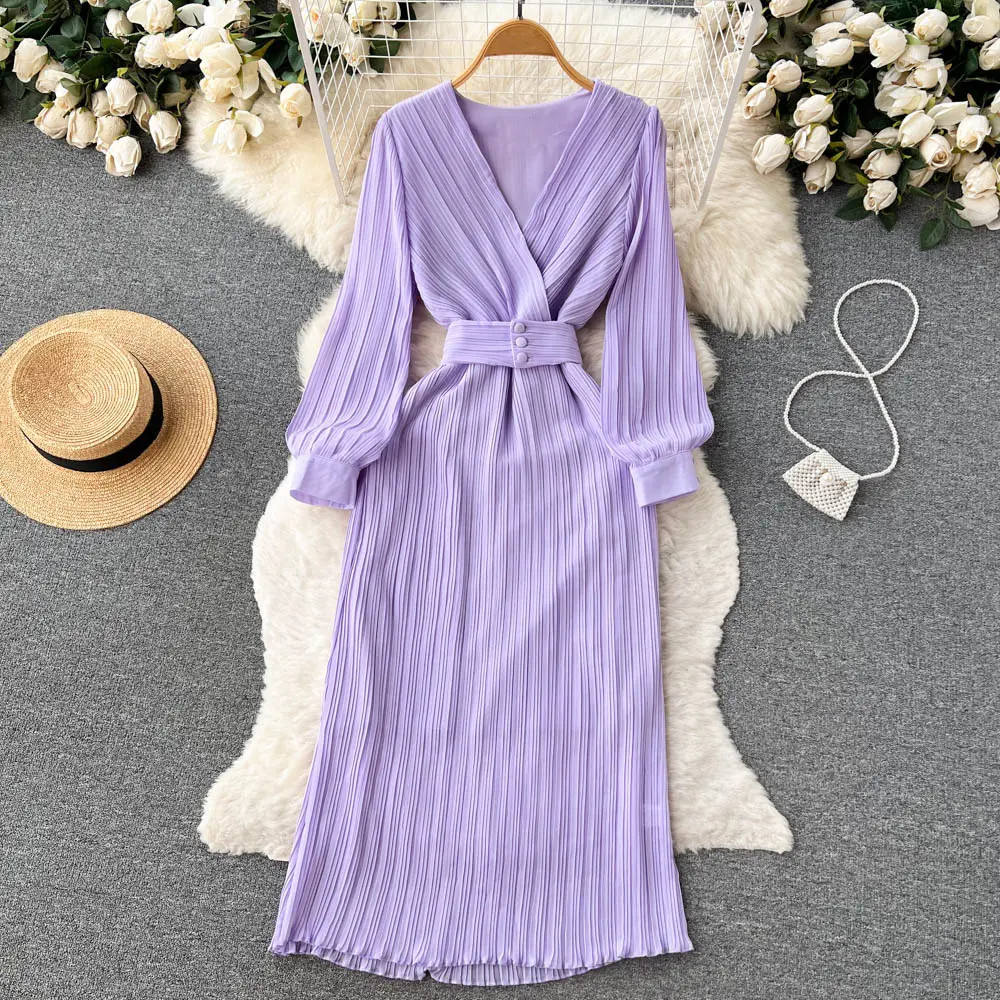 Autumn New French Long Sleeve Waist Wrapped Slim purple Dress Women's Waist Wrapped purple Pleated V-Neck Long Dress