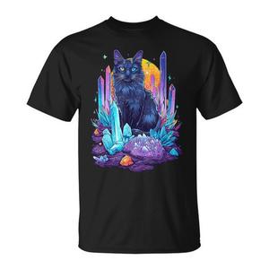 T-shirt Cat And Crystals con grafica nera, design grafico, taglia unisex per adulti - Product Image 1