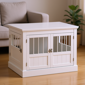 Table d'appoint en bois blanc pour chien, triple porte, pour petits chiens, maison pour animaux de compagnie, meuble d'intérieur, style classique - Product Image 2