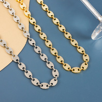 Collar de cadena de eslabones punk con diseño de grano de café helado y diamantes, unisex, de aleación de oro y plata, cadena marinera abullonada, accesorios de moda para uso diario