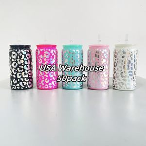 Paquete de 50 vasos de vinilo holográfico de 16 oz con estampado de leopardo y guepardo, 5 colores surtidos, con tapas de PP coloridas - Product Image 1