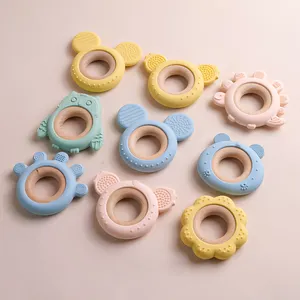 2024 New BPA Free Colorful Animal Shape Baby Chew Toy Teether Wooden Silicone Teething Ring Toys Baby Teether