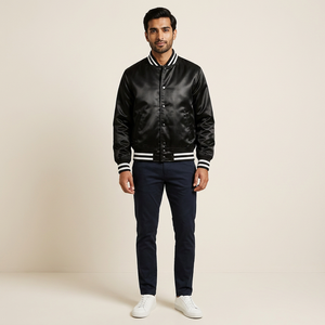 Chaqueta Bomber Varsity de Satén Premium Personalizada para Hombre y Mujer, Brillante, Ligera, Bordada, con Cuello Alto, Chaqueta de Equipo al por Mayor OEM - Product Image 1