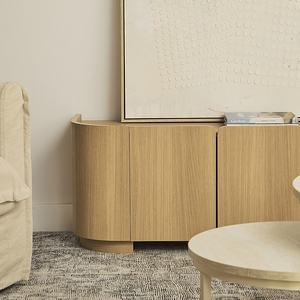 ארון טלוויזיה מינימליסטי בסגנון נורדי של AJUNION, ארון אחסון לסלון עם 4 דלתות, עץ מעוגל מצופה פורניר אלון, מעמד טלוויזיה, יחידת בידור - Product Image 4