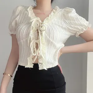 R40165S Bán Buôn Sexy Ren Tie Bow Thiết Kế Màu Trơn Giám Mục Ngắn Tay Áo Phụ Nữ Áo Cánh